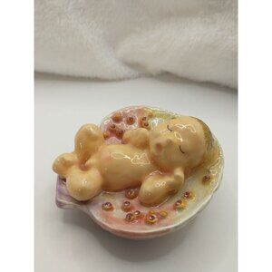 Hand-Painted Enameled Baby Sleeping in a Shell Trinket Box with Necklace